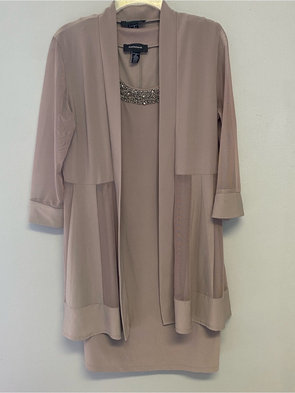 R&M Richards Sleeveless Taupe Dress with Decorative Neckline and Jacket